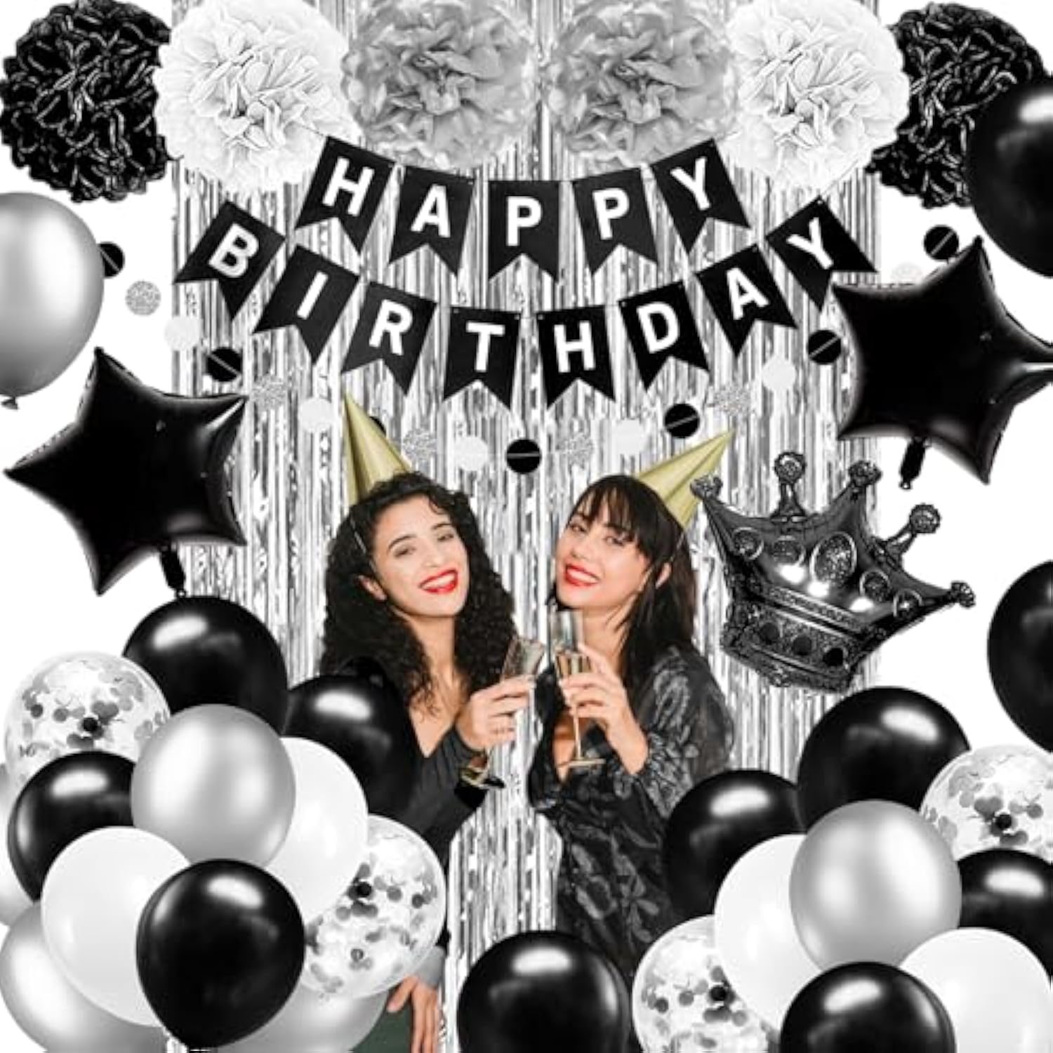 Black & Silver Birthday Decorations – Banner, Balloons, Foil Curtains for All Ages