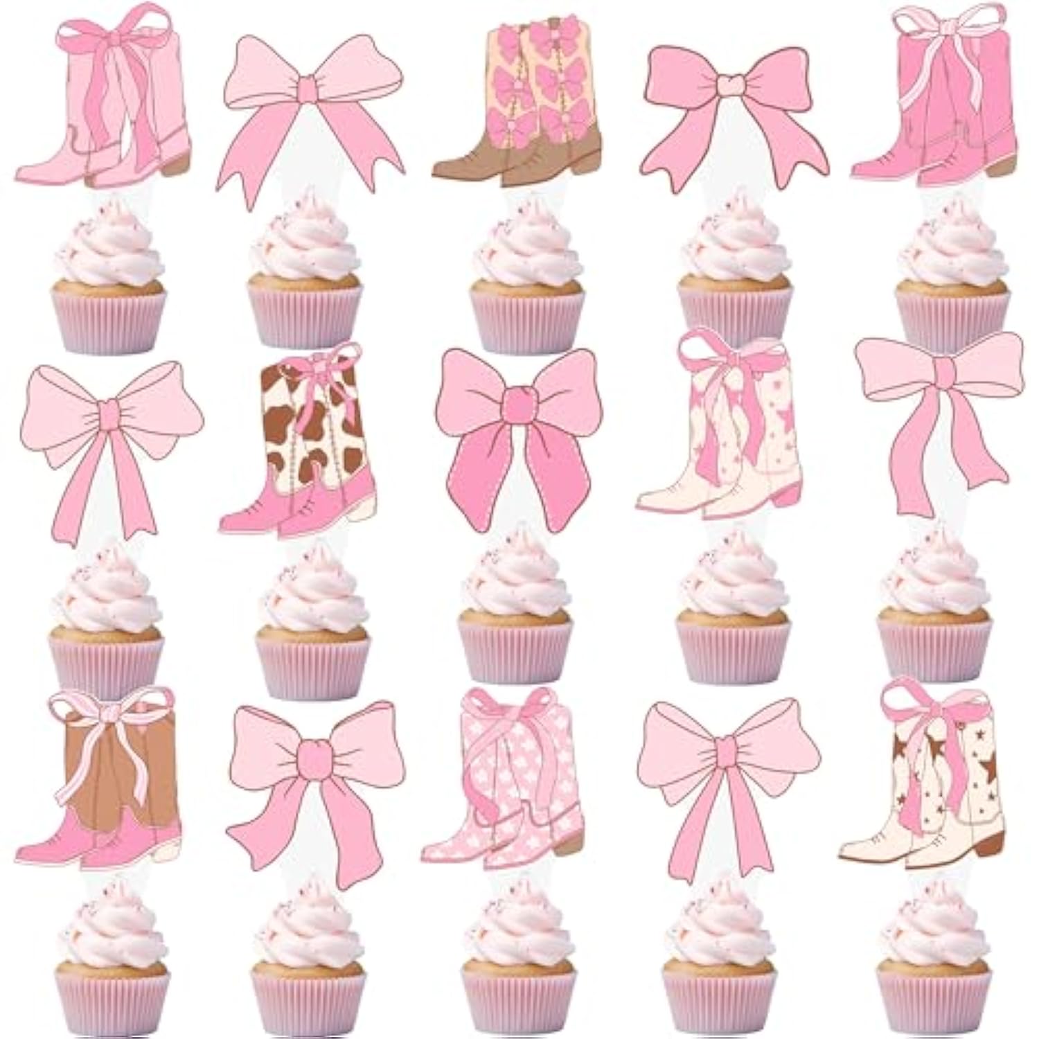 48 Pcs Pink Cowgirl Boots Bows Cupcake Toppers Western Party Decor