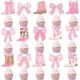 48 Pcs Pink Cowgirl Boots Bows Cupcake Toppers Western Party Decor