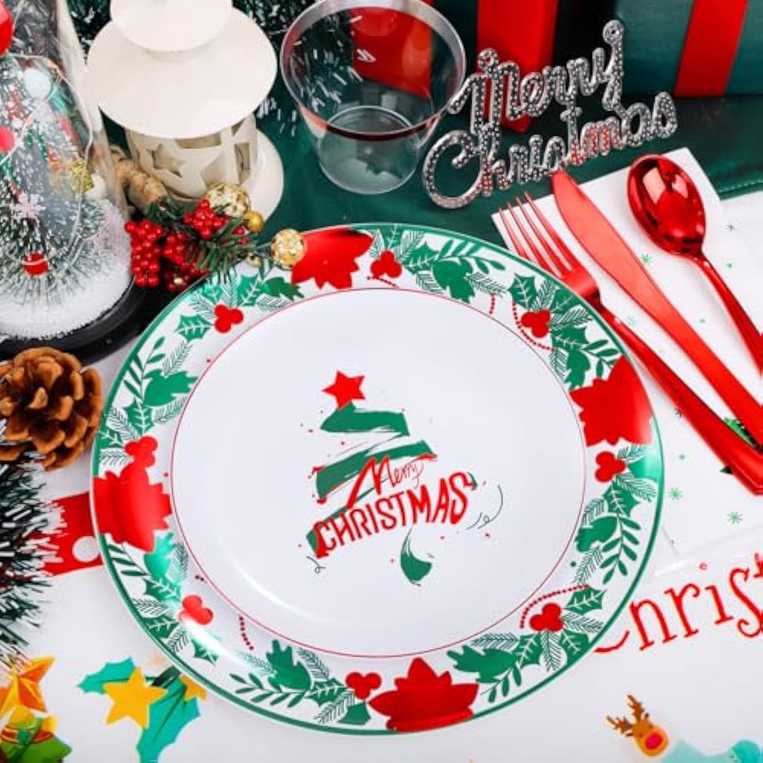 176 Pieces Of Christmas Plates - Disposable Plastic Dinnerware Set - Christmas Tree Includes 50 Plates 75 Plastic Silver Cutlery 25 Cups 25 Napkins And Tablecloths