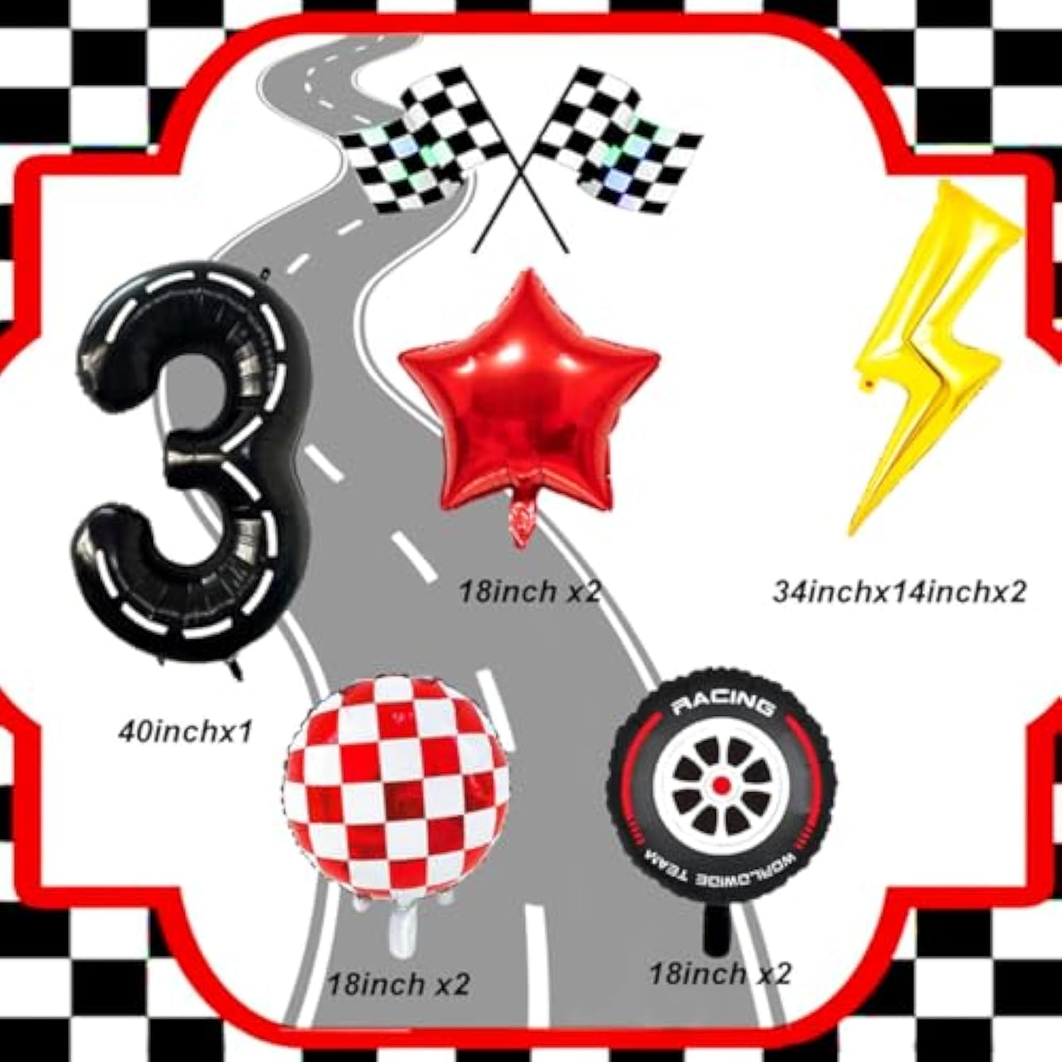 Race Car Birthday Decorations – 40" Lightning Bolt & Number 3 Foil Balloons