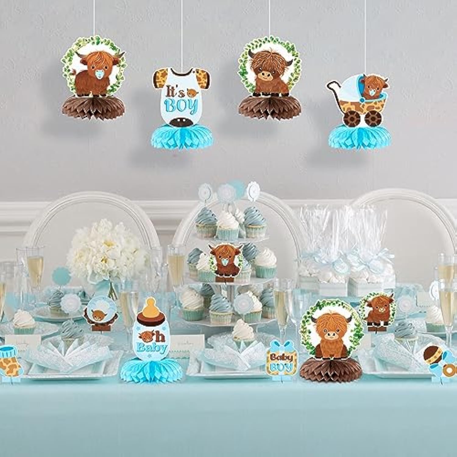 12Pcs Greenery Highland Cow Honeycomb Centerpieces Blue Highland Cattl