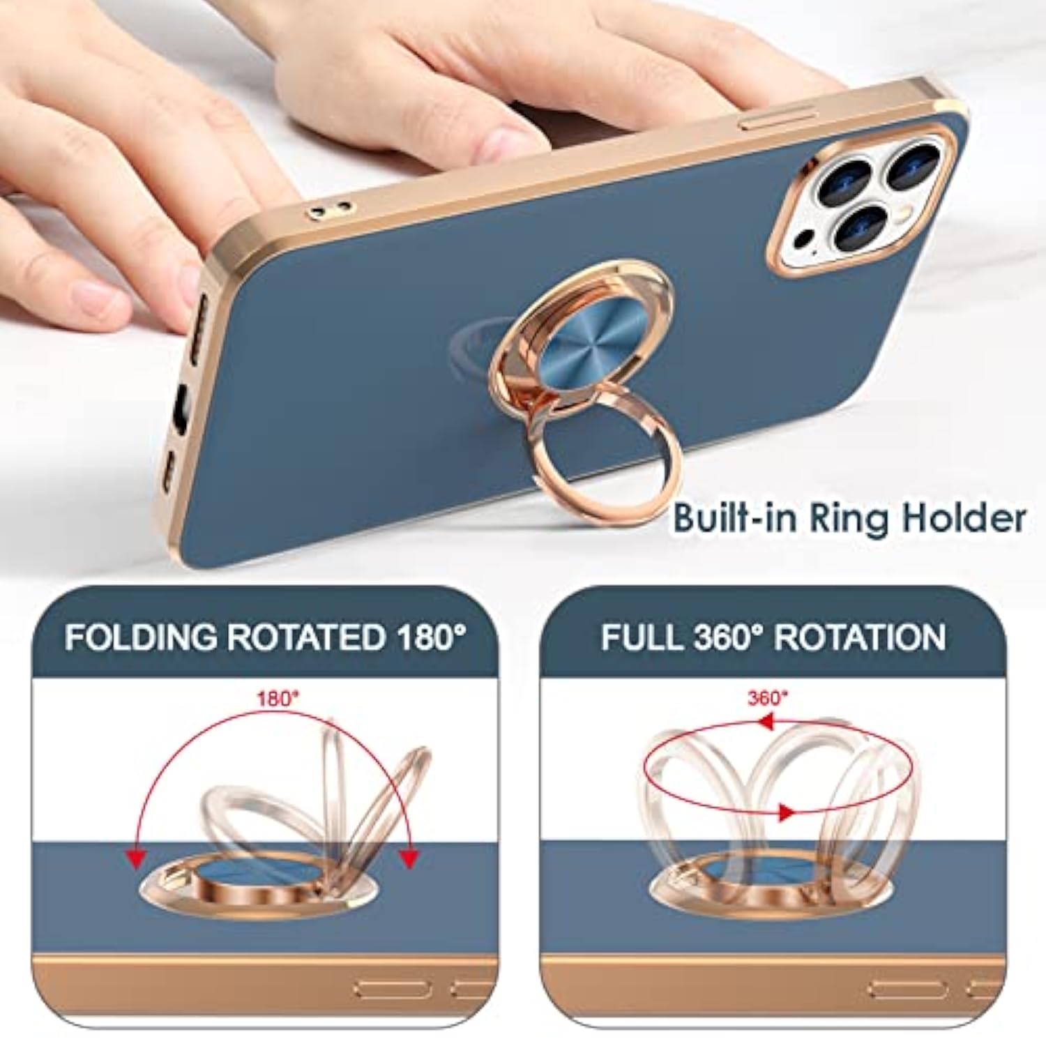 For Iphone 14 Pro Case With Ring Stand [360° Rotatable Ring Holder Magnetic Kickstand] [Support Car Mount] Plated Rose Gold Edge Slim Soft Tpu Luxury Protective Phone Case Cover, Blue Gray