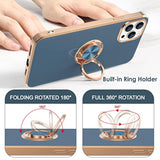 For Iphone 14 Pro Case With Ring Stand [360° Rotatable Ring Holder Magnetic Kickstand] [Support Car Mount] Plated Rose Gold Edge Slim Soft Tpu Luxury Protective Phone Case Cover, Blue Gray
