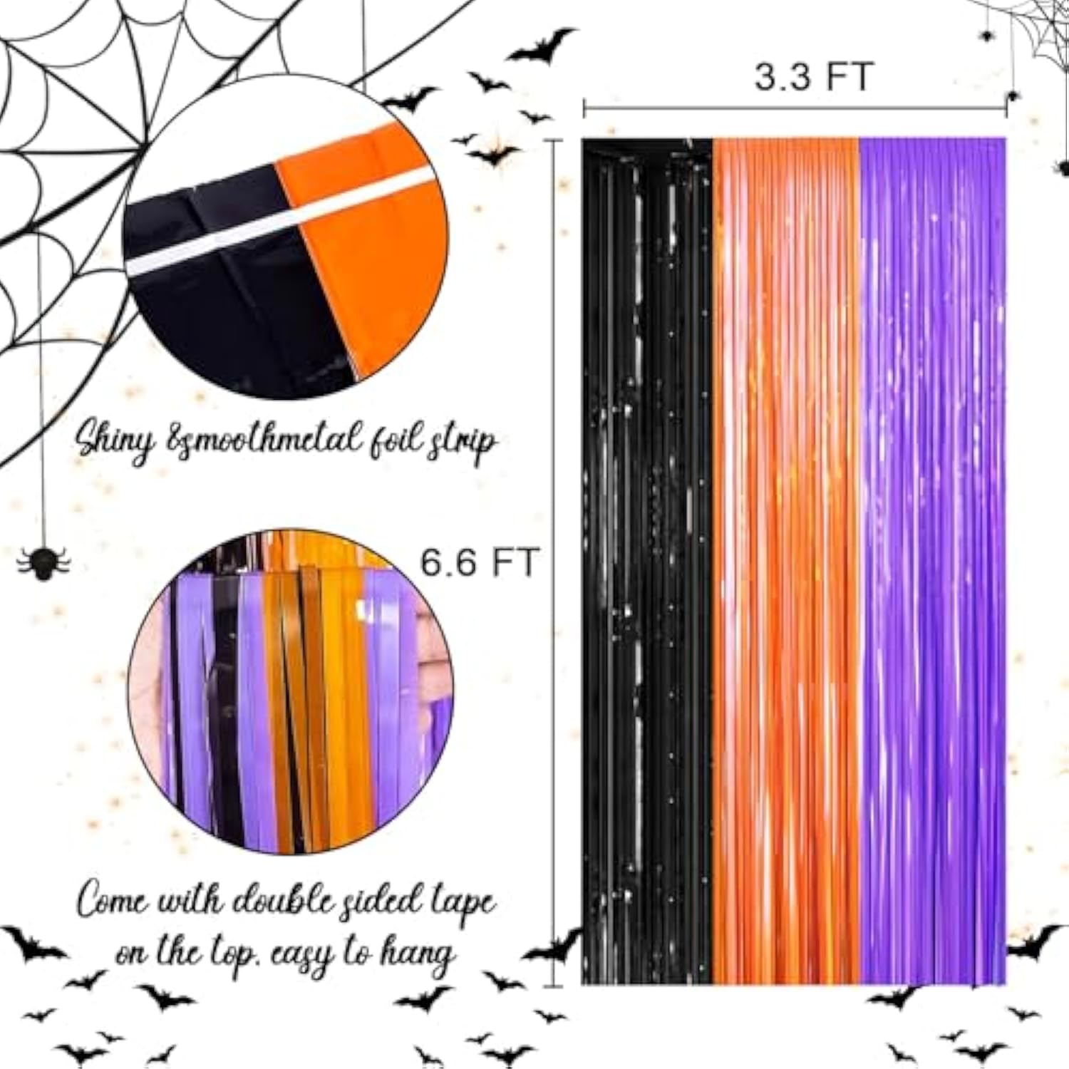 Orange Purple Black Tinsel Fringe Curtains 3pcs 3.3x6.6ft for Party Decor