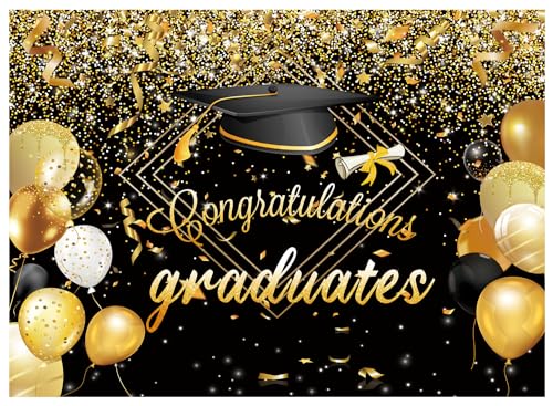 7X5FT Black Congrats Graduation Backdrop Class of 2024 Photography Background Gold Bachelor Cap Celebration Party Decorations Banner Picture Photo Booth DH-603