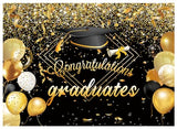 7X5FT Black Congrats Graduation Backdrop Class of 2024 Photography Background Gold Bachelor Cap Celebration Party Decorations Banner Picture Photo Booth DH-603