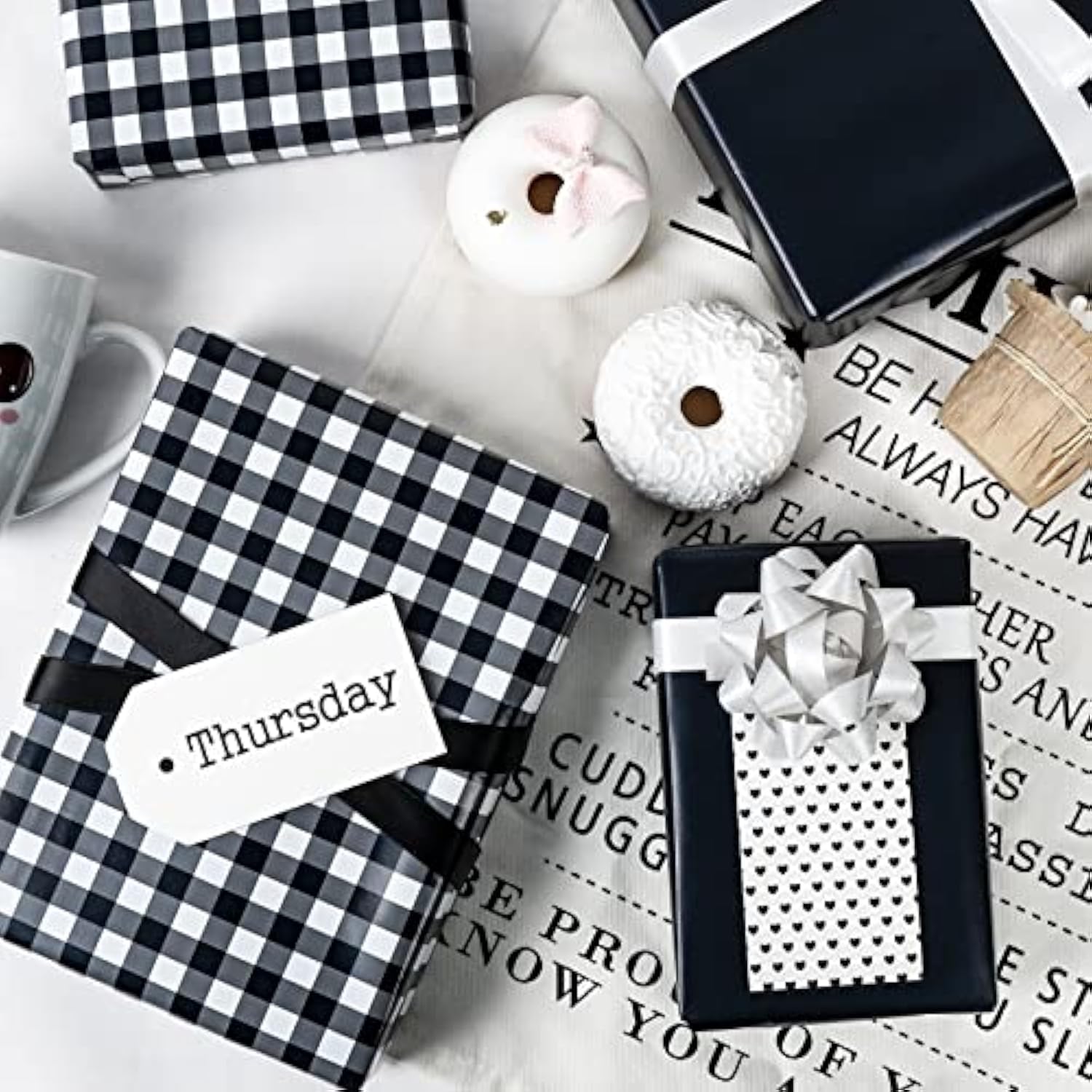 30 Inch Reversible Wrapping Paper Roll - Black And White Plaid Design For Birthday, Holiday, Wedding, Baby Shower And More Occasions - 30 Inch X 33 Feet