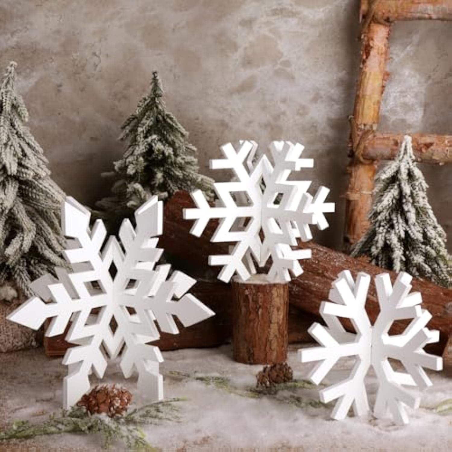 Christmas Table Wooden Sign, 3 Pcs White Snowflake Rustic Farmhouse Decoration, Multiple Sizes Tiered Tray Decor For Xmas New Year Winter Holiday Home