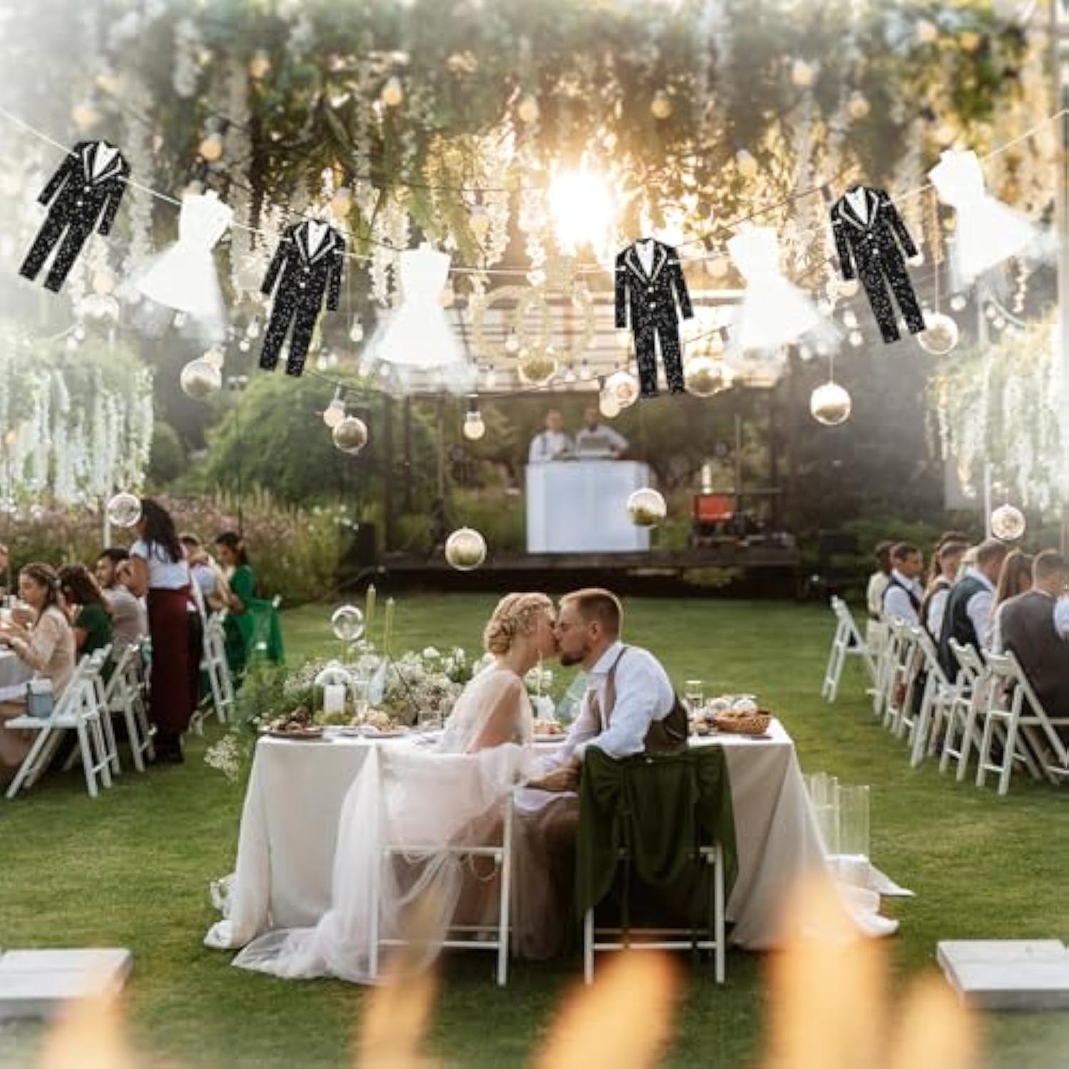 Bride And Groom Wedding Dress Garland Banner, 9.8 Ft Hanging Tuxedo And Gown With Gold Glitter Ring Cutout For Engagement Party, Bridal Shower, Bachelorette, Wedding Reception Decorations