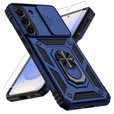 For Samsung Galaxy S22 Case With Camera Lens Cover, Hd Screen Protector, 10 Ft Military Grade Drop Protection, Magnetic Ring Holder Kickstand Protective Phone Case, Navy Blue