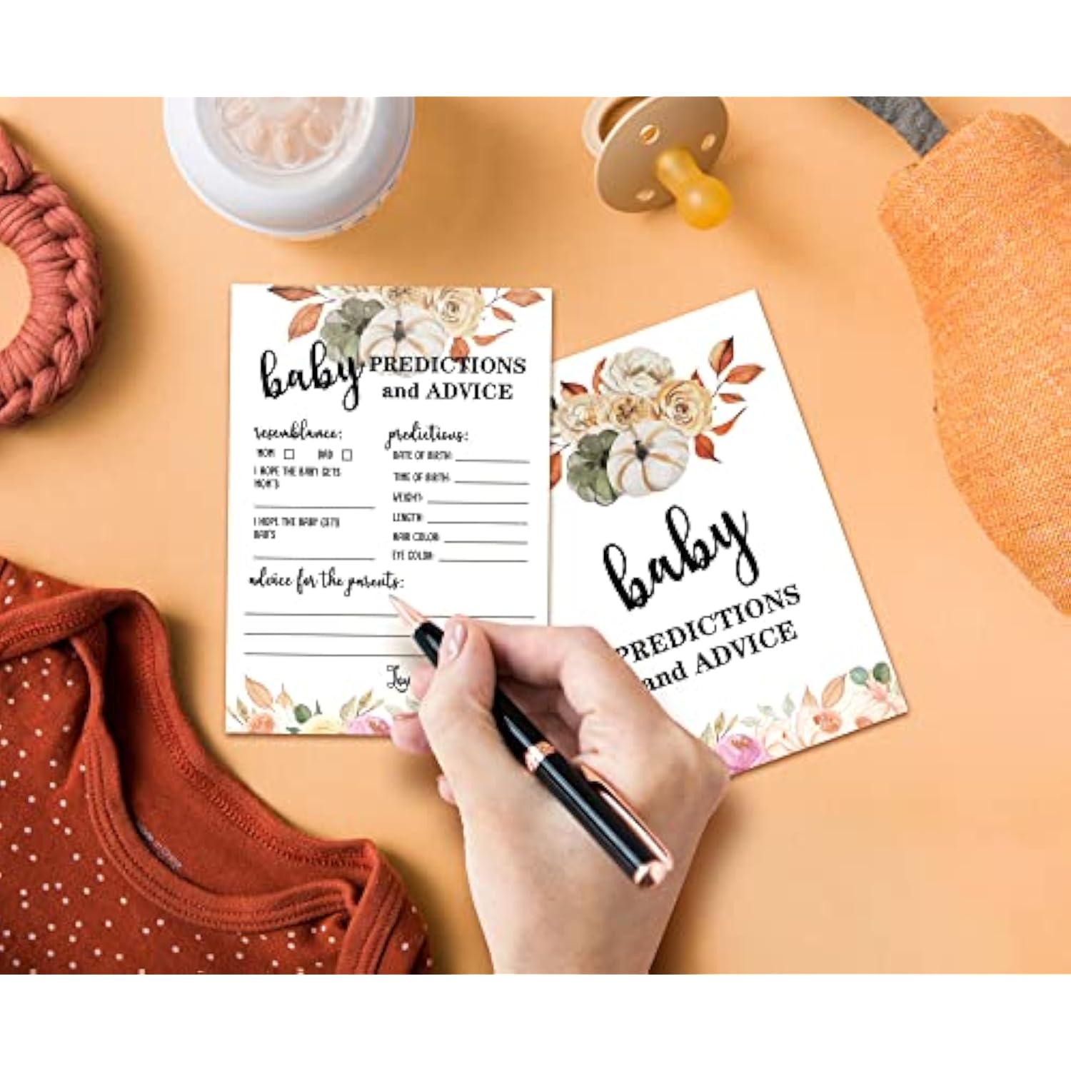 30 Double Side Baby Prediction And Advice Game Cards, Floral Pumpkin Thanksgiving Day Baby Shower Game Cards - 5" X 7"(01)