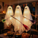 3 Pack Hanging Light Up Ghosts on Brooms Halloween Decorations Outdoor