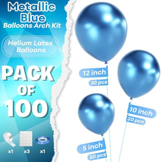Metallic Blue Balloons Arch Kit, 100 Packs Different Sizes 12 10 5 Inches Blue Balloon Garland Arch Kit, Chrome Blue Balloons For Graduation Baby Shower Birthday Wedding Decoration