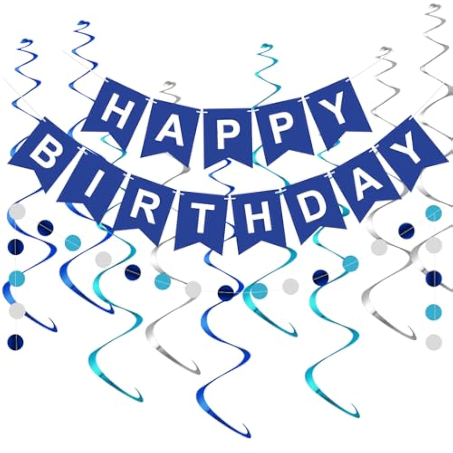 Navy Blue Birthday Decorations: Banner, Hanging Swirls, Pennant, & Garland String
