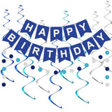 Navy Blue Birthday Decorations: Banner, Hanging Swirls, Pennant, & Garland String