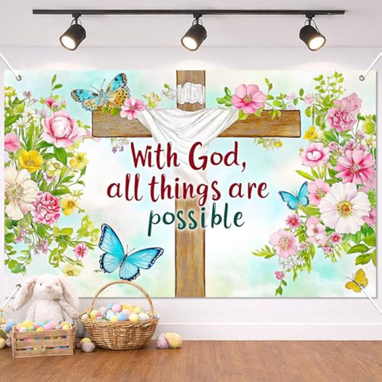 Christian Faith Banner 71X43 Inch With God All Things Are Possible Cross Scripture Backdrop Religious Spring Decor For Church Worship Home Yard Porch Easter Celebration Display