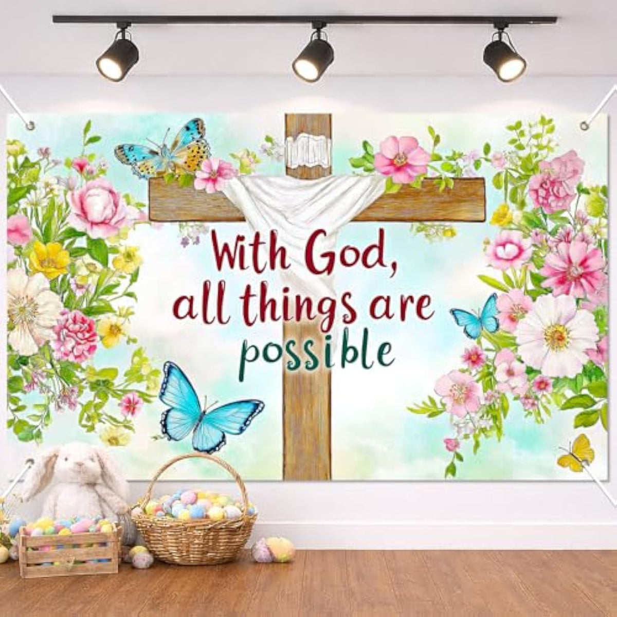 Christian Faith Banner 71X43 Inch With God All Things Are Possible Cross Scripture Backdrop Religious Spring Decor For Church Worship Home Yard Porch Easter Celebration Display
