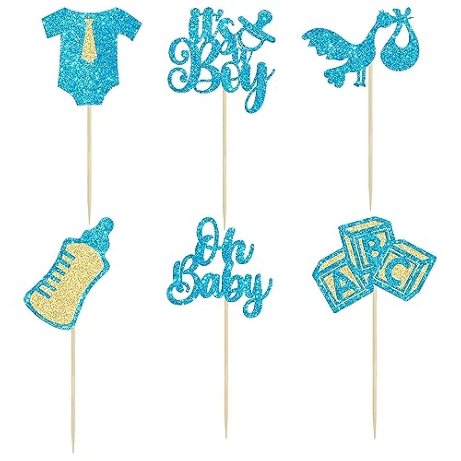 24Pcs Baby Shower Oh Baby Cupcake Toppers It'S A Boy Cupcake Picks Glitter Tie Onesie Baby Bottle Cake Picks Decorations For Gender Reveal Baby Shower Boys Birthday Party Supplies Blue