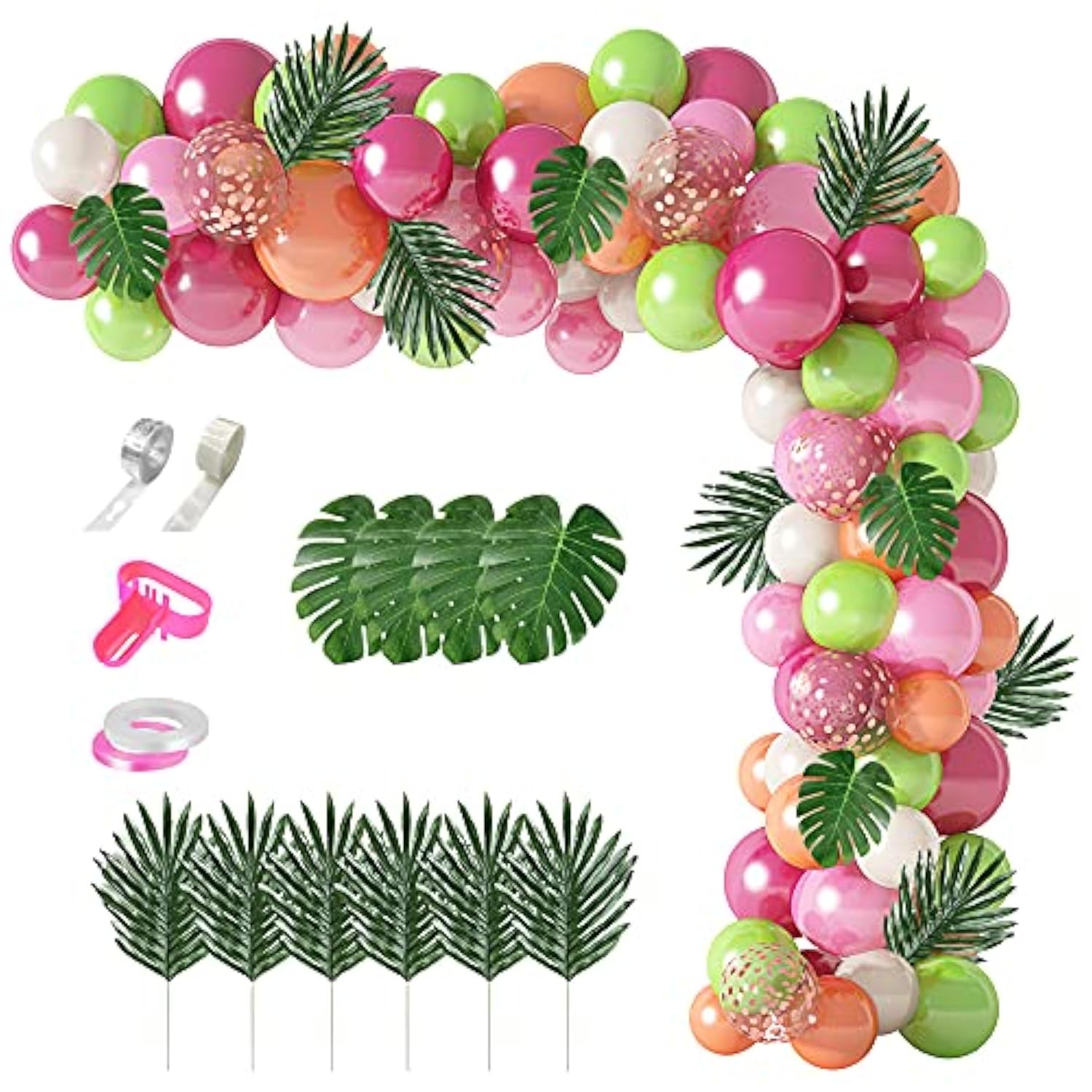 117Pcs Tropical Balloons Arch Garland Kit, Hot Pink Green Rose Gold Confetti Balloons Palm Leaves & 5Tools For Tropical Hawaii Aloha Luau Flamingo Theme Birthday Party Baby Shower Wedding Decorations