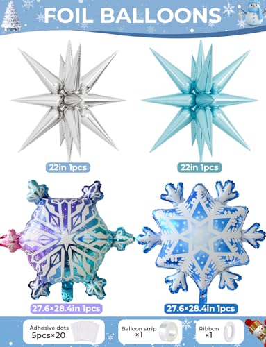 Snowflake Balloon Garland Arch Kit, 144 Pcs Purple Blue Silver White Balloons With Foil Snowflake Star Balloons, for Winter Wonderland, Princess Birthday, Baby Shower, Christmas Decor