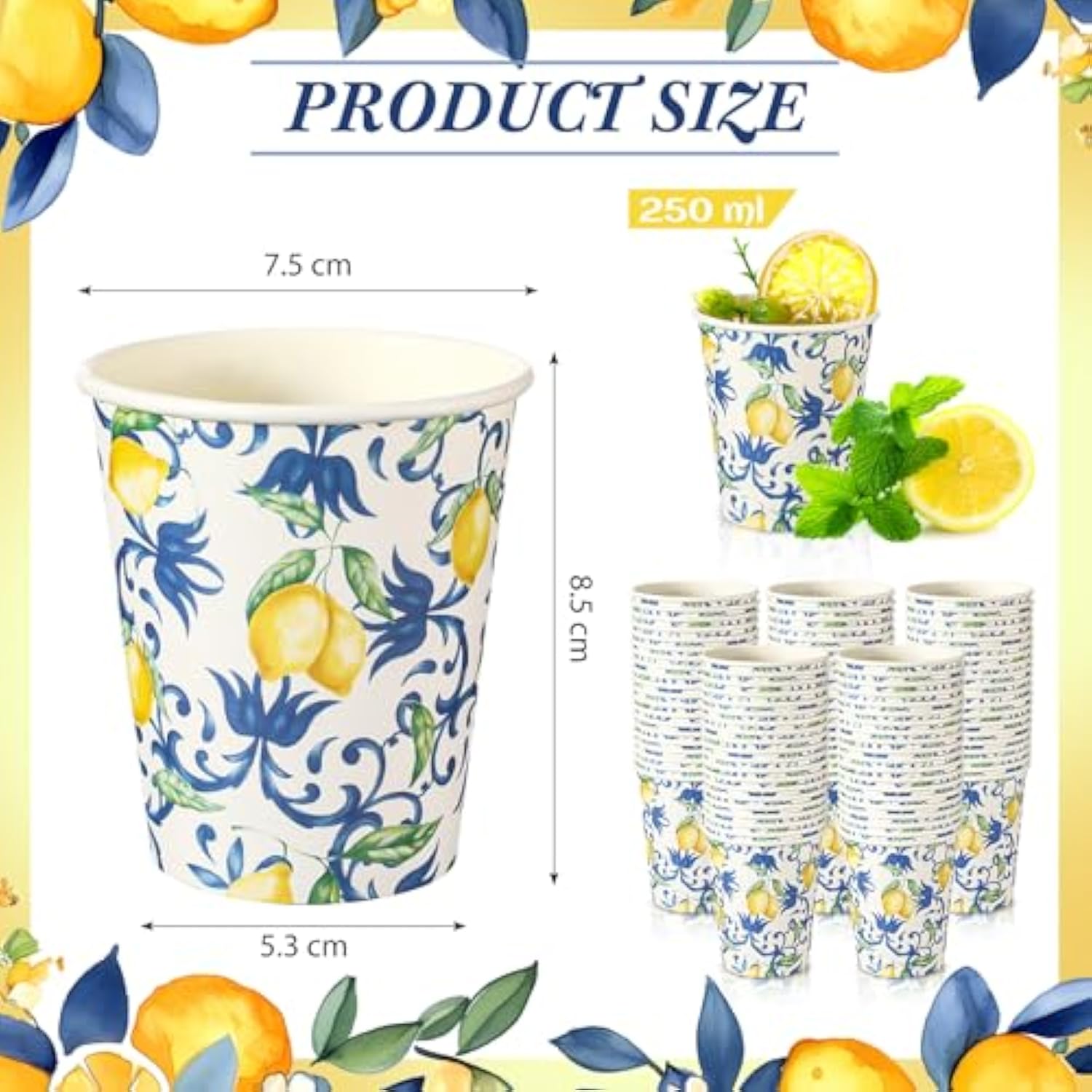100 Pcs 9Oz Blue Lemon Cups Disposable Paper Yellow Blue Cups For Lemonade Stand Decorative Party For Cold Hot Beverage Juice Kitchen Coffee Birthday Party Supplies