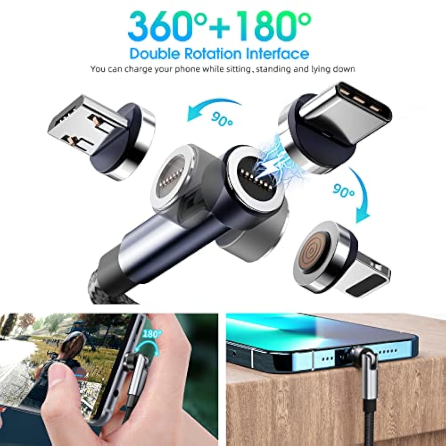 5-In-1 Magnetic Charging Cable, 540° Rotation Magnetic Phone Charger [4-Pack, 3Ft/3Ft/6Ft/10Ft] Usb A/Type C Fast Charging Cable For Iphone/Micro Usb/Usb C Devices