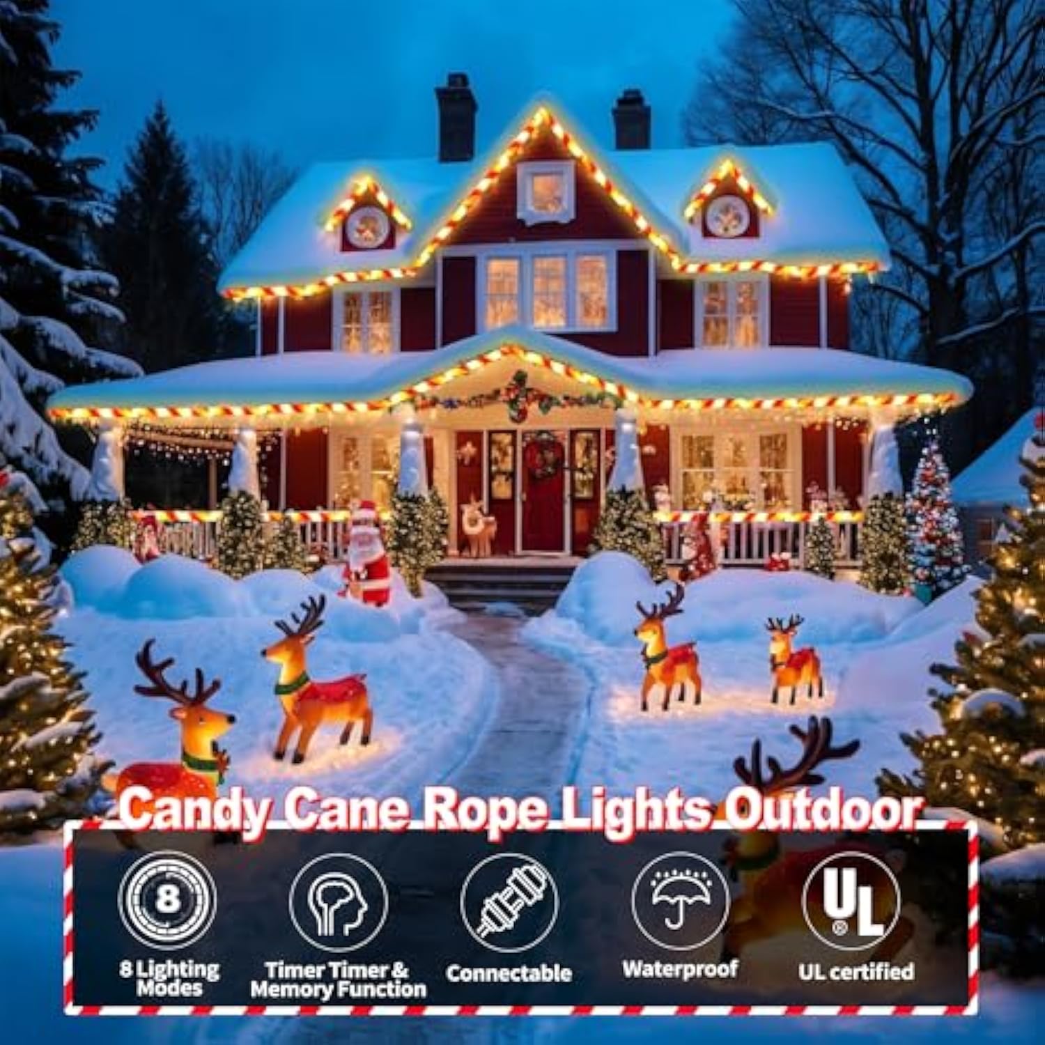 Christmas Candy Cane Lights, 33Ft 240 Led Connectable & Flexible White & Red Candy Cane Rope Lights For Outside, 8 Modes Waterproof Led Christmas Light For Garden Patio Tree Holiday Party Decor