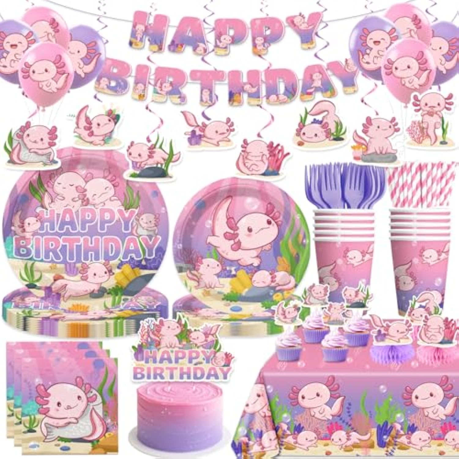 171 Pcs Axolotl Birthday Decorations Pink Axolotl Party Decorations Cake Cupcake Topper Balloons Banner Plates And Napkins Table Cloth Axolotl Party Supplies For Girls Cartoon Fun Animal Party