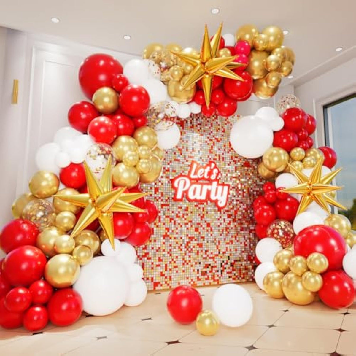 161Pcs Red Gold And White Balloons Garland Arch Kit - 5/10/12/18In Red, Gold, White, Explosion Star Balloons For Valentine'S Day Birthday Engagements Anniversary Party Decoration