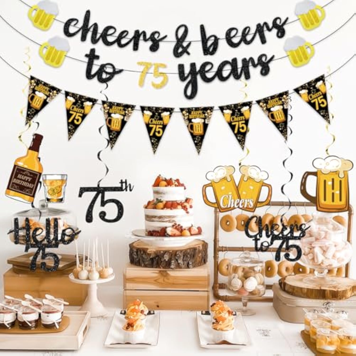 Black and Gold 75th Birthday Decorations with Banner and Hanging Swirls for Men