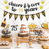 Black and Gold 75th Birthday Decorations with Banner and Hanging Swirls for Men