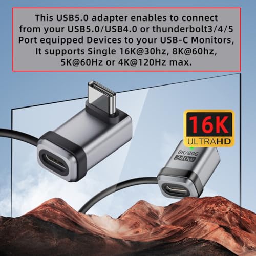 Adapter 90 Degree USB5.0 80Gbps Male to Female Up Down Angled Extension Adapter with Lanyard Keychain 240W 16K 8K 5K Compatible with USB4.0