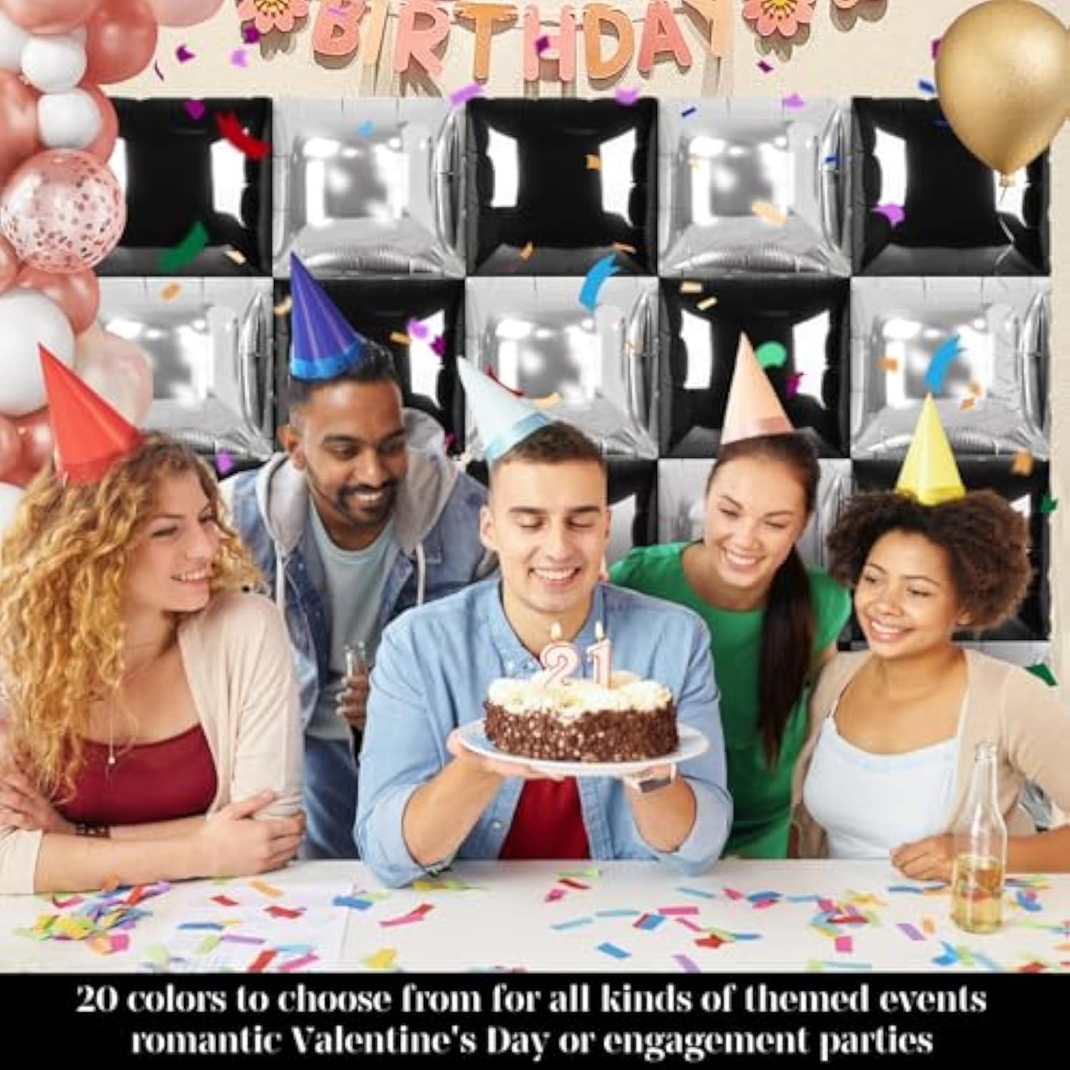 Black Silver Square Balloon Wall 25pcs Double Sided for Party Backdrop Decor