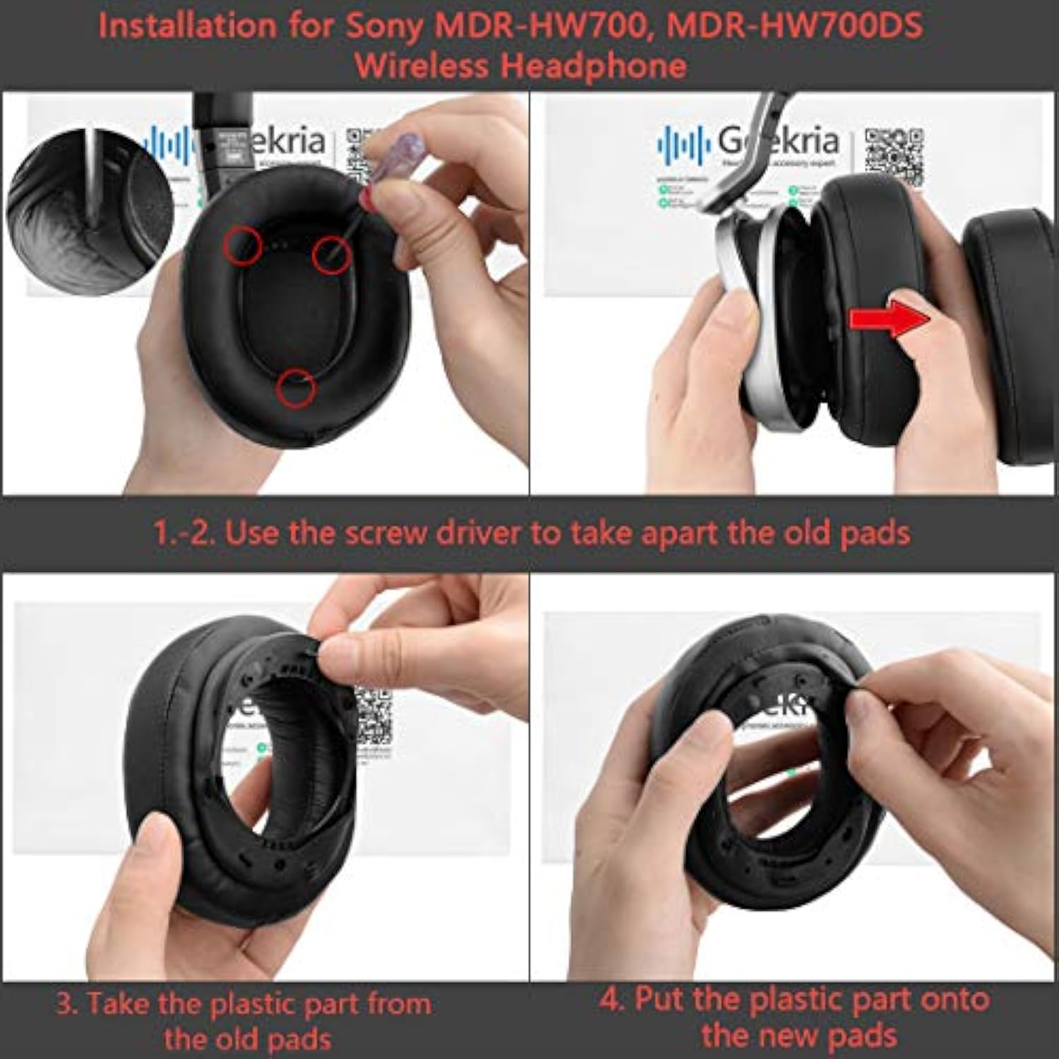 Geekria QuickFit Replacement Ear Pads for Sony MDR-HW 700/ 700DS Wireless Headphones Ear Cushions, Repair Parts with Video Guide (Black)