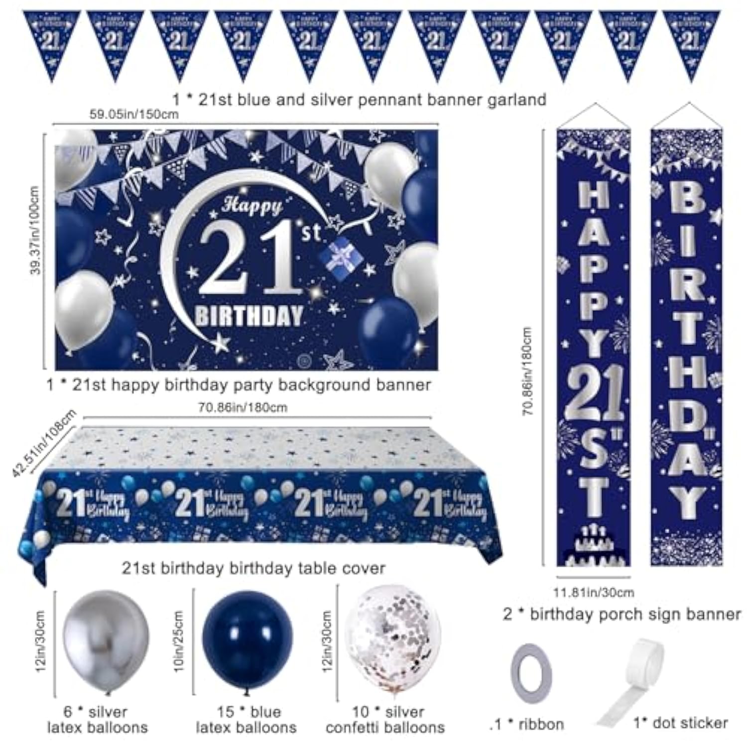 21St Birthday Decorations For Men And Women Blue, Happy 21St Birthday Door Backdrop Banner Balloons 21 Years Old Birthday Porch Sign Party Supplies With Latex Balloons Decor 21St Bday Boy Her Him
