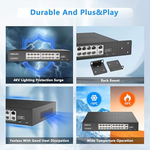 16 Port Poe Switch, High Power 300W, 16 Poe+ 100Mbps Ports With 2 Gigabit Uplink Ethernet Ports, Unmanaged Plug And Play, Each Port Up To 30W, 802.3Af/At Compliant, Rack Mount