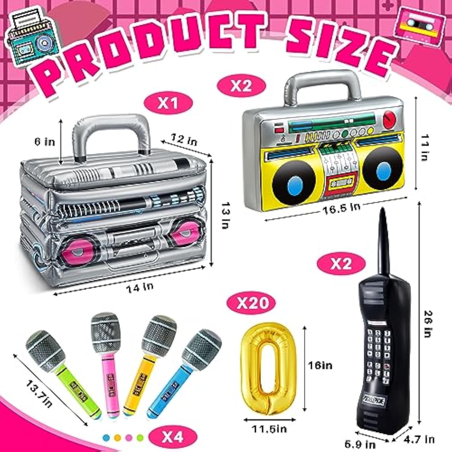 29 Pcs 80S 90S Party Decorations Include Inflatable Boom Box Beverage Cooler 20 Gold Foil Chain Balloons 2 Mobile Phones 2 Radio Boombox 4 Microphones For Hip Hop Theme Supplies Cosplay Props