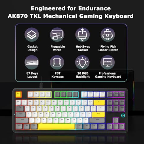 Ak870 87Keys Hot-Swappable Mechanical Keyboard, Gasket Mount Wired Gaming Keyboard With Linear Flying Fish Switches, 80% Compact, Pbt Keycaps, Rgb Backlit For Pc Gamers & Typists (Starry Night Grey)