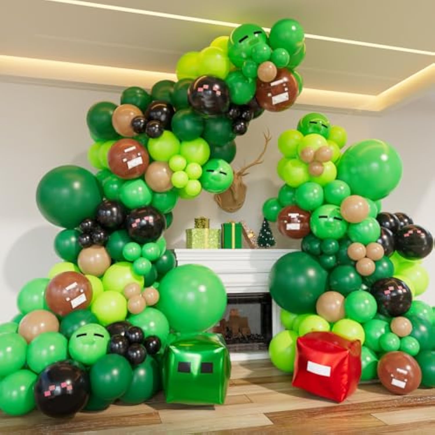 Video Game Balloon Garland Arch Kit, 124Pcs Green Black Brown Balloons Foil Balloons For Boy Gaming Birthday Party Decorations Supplies