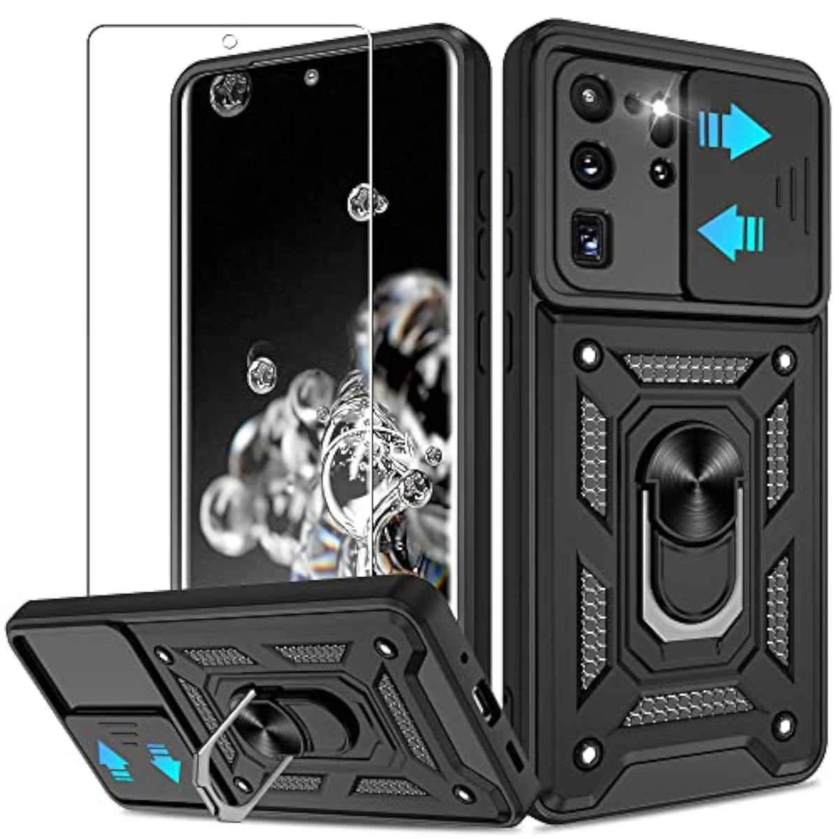 For Samsung Galaxy S20 Ultra Case With Hd Screen Protector, Heavy Duty With 360° Rotation Metal Kickstand [Military Grade] Protective Case For Gaxy S20 Ultra 5G, Black