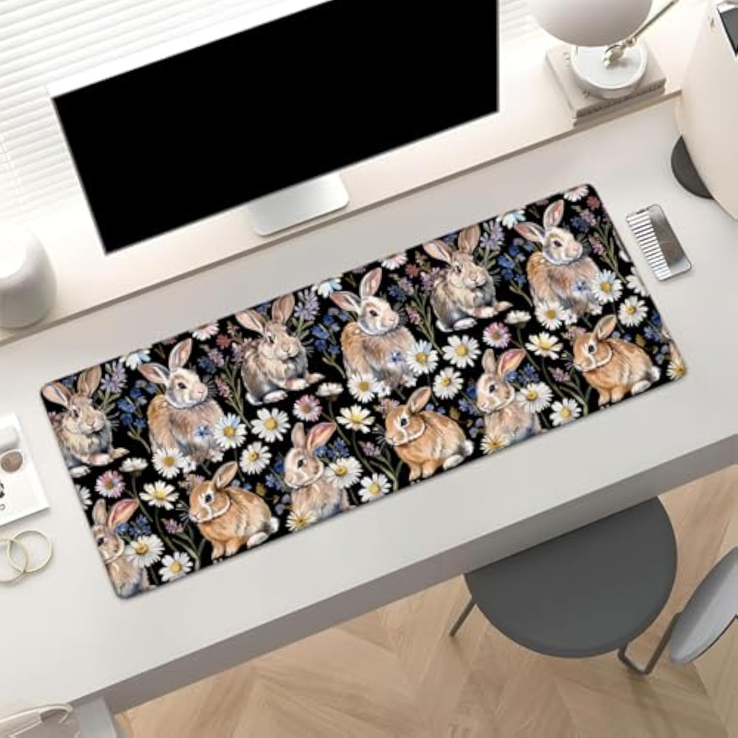Floral Bunny Gaming Mouse Pad, Cute Rabbits With Daisies Large Desk Mat For Computer, Extended Keyboard Laptop Mouse Pads 31.5×11.8In, Non Slip Rubber Mousepad For Office Decor Gifts