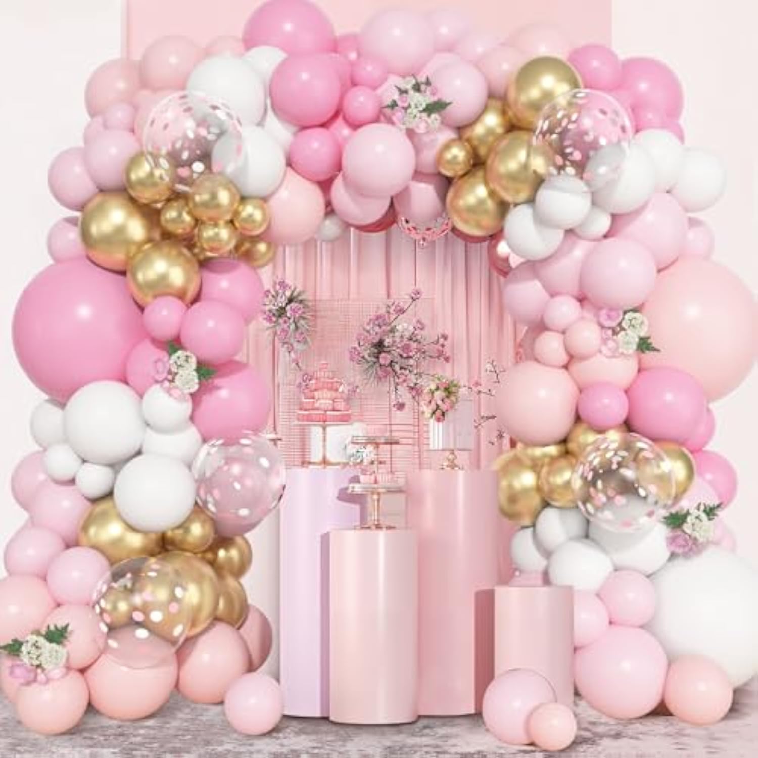 157 Pcs Pink And White Balloons Arch Kit, Pink Gold Birthday Decorations For Women Girls, Pastel Pink Chrome Gold Latex Balloon Valentines Day Wedding Party Gender Reveal Anniversary