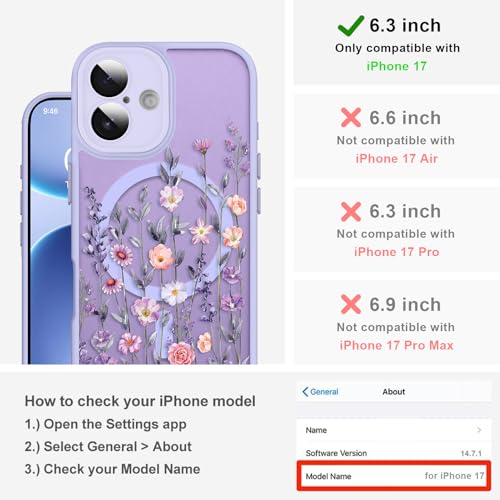Magnetic for iPhone 17 Case with Screen Protector [Compatible with MagSafe] Pretty Flower Floral Pattern Design, Shockproof Slim Cover for Women