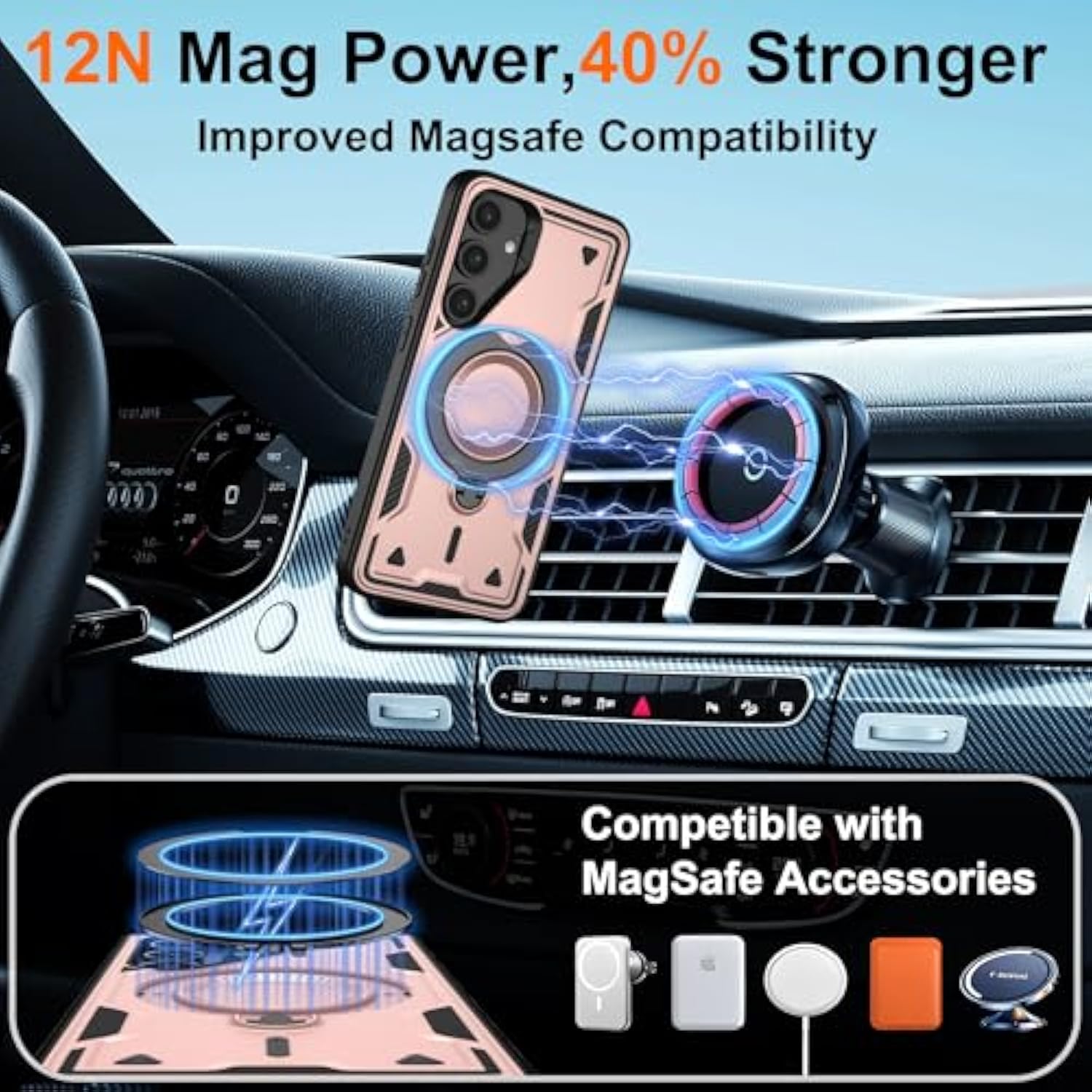 For Samsung Galaxy-S23 Fe Case With Magsafe & [Hd Screen Protector×2][Anti-Fingerprint], 360° Metal Rotated Kickstand,Military Grade Shockproof Protective For Galaxy S23 Fe Case,Rose Gold