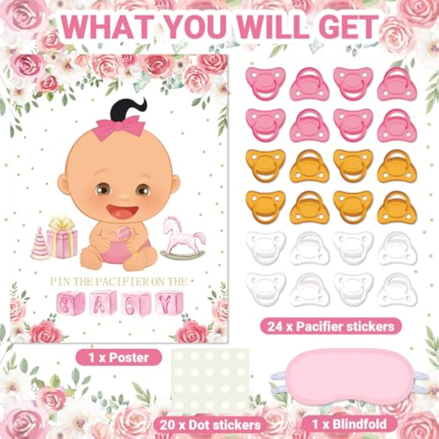 Pin The Pacifier Baby Shower Games Baby Shower Party Decoration Include Large Poster 24 Pacifier Stickers Pink Blindfold Pin Floral Game Set For Birthday Party Decorations Game Supplies(Pink)