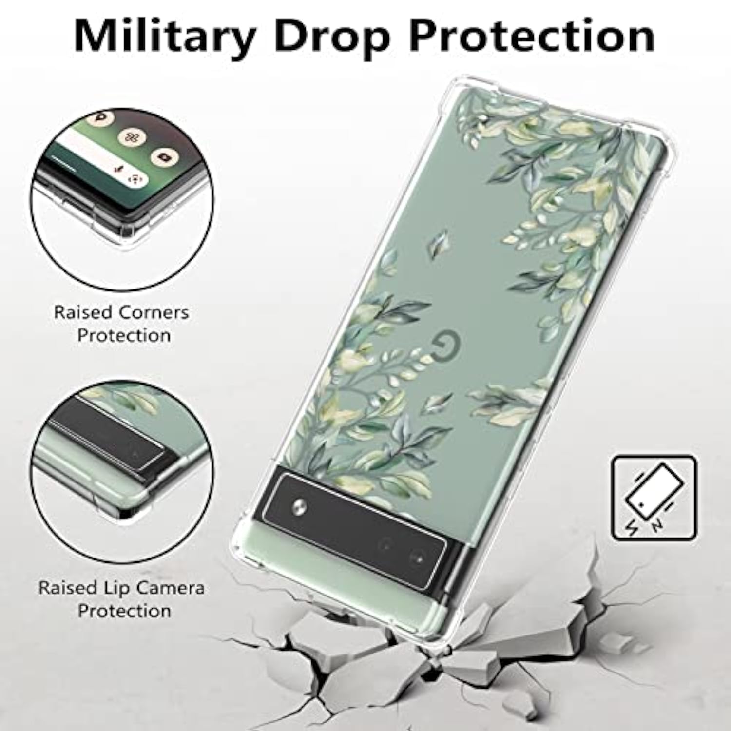 Floral Case For Google Pixel 7,Clear Leaves Case Slim Cute Cover For Girls Women,Transparent Soft Tpu Bumper Protective Case With Reinforced Corners,Green Leaves