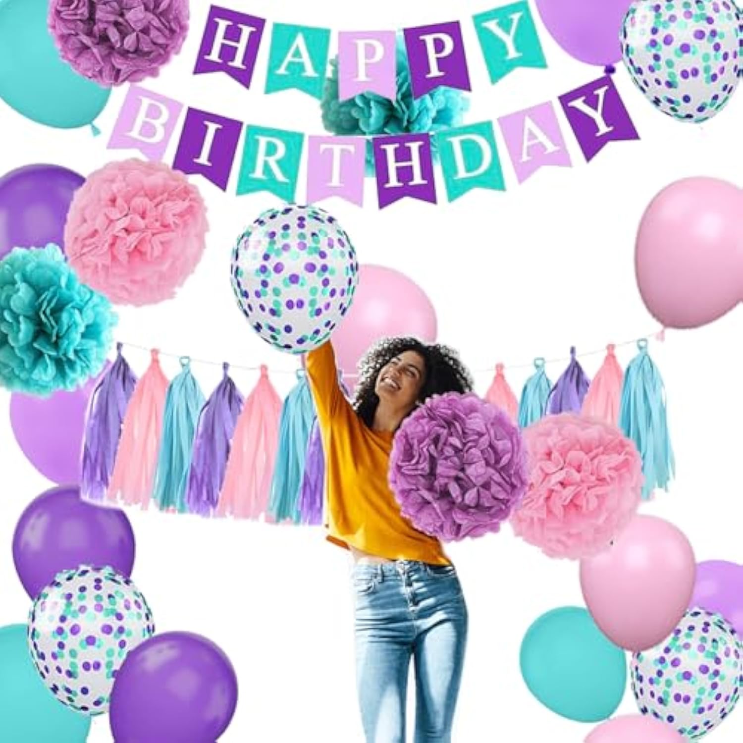 38pcs Teal Purple Pink Birthday Decor with Banner, PomPoms, Tassels & Balloons