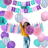 38pcs Teal Purple Pink Birthday Decor with Banner, PomPoms, Tassels & Balloons