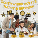 11Pcs Happy Birthday Decorations Kit For Men Women, Black Gold Happy Birthday Banner, Older Wiser Hotter Glitter Banner Party Supplies, Bday Decor Centerpieces Swirls Table Topper Sign